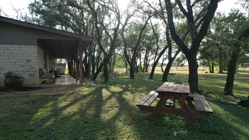 Tree-shaded outdoor space beside a home