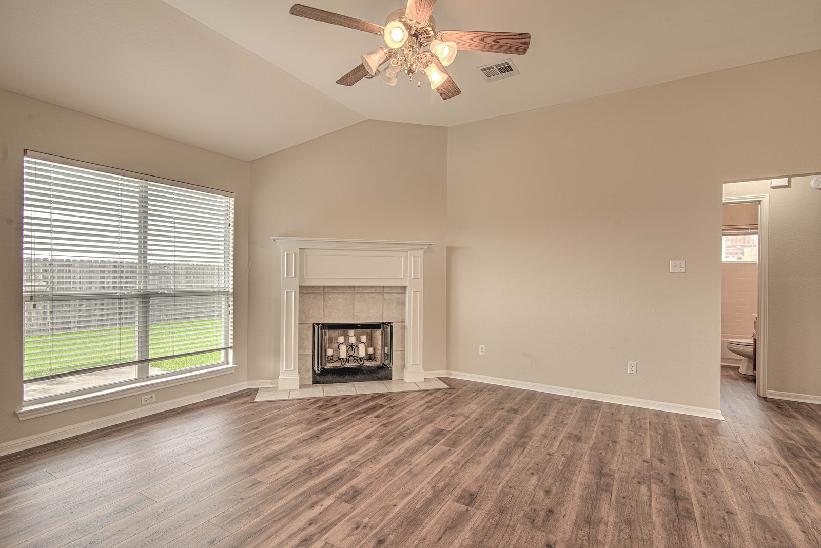 Bright living room with a fireplace